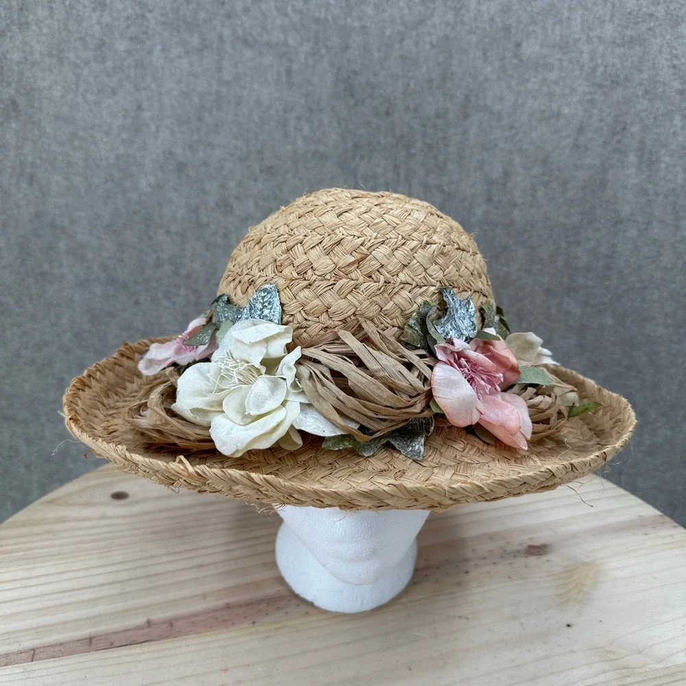 Cappelli Straw Sun Hat OS Tan Floral Raffia Bow Wide Brim Beach Hat Flowers